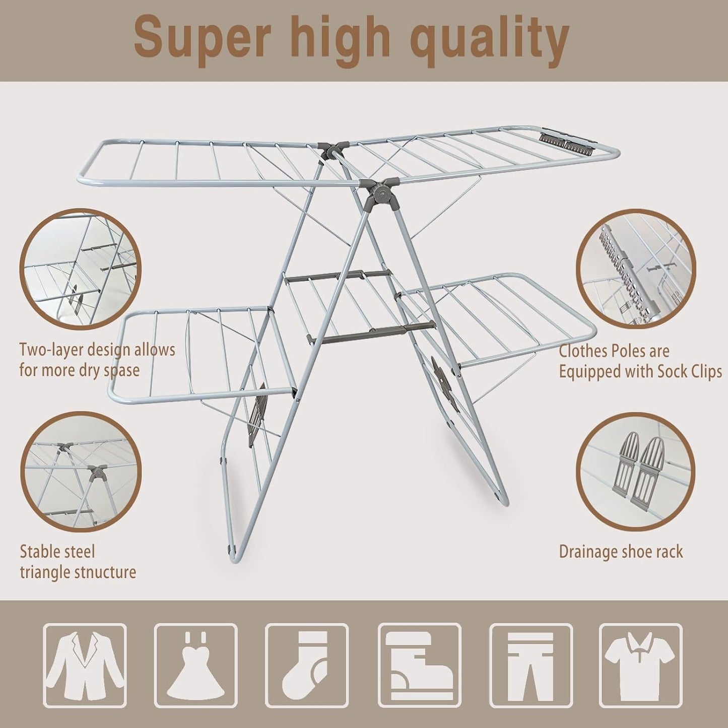 Large Capacity Double Drying Rack, Folding Rustproof Drying Rack with Non-Slip Clips and Drainage