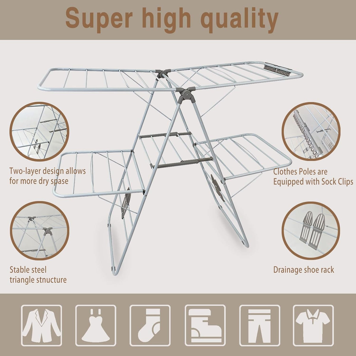 Large Capacity Double Drying Rack, Folding Rustproof Drying Rack with Non-Slip Clips and Drainage