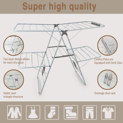 Large Capacity Double Drying Rack, Folding Rustproof Drying Rack with Non-Slip Clips and Drainage