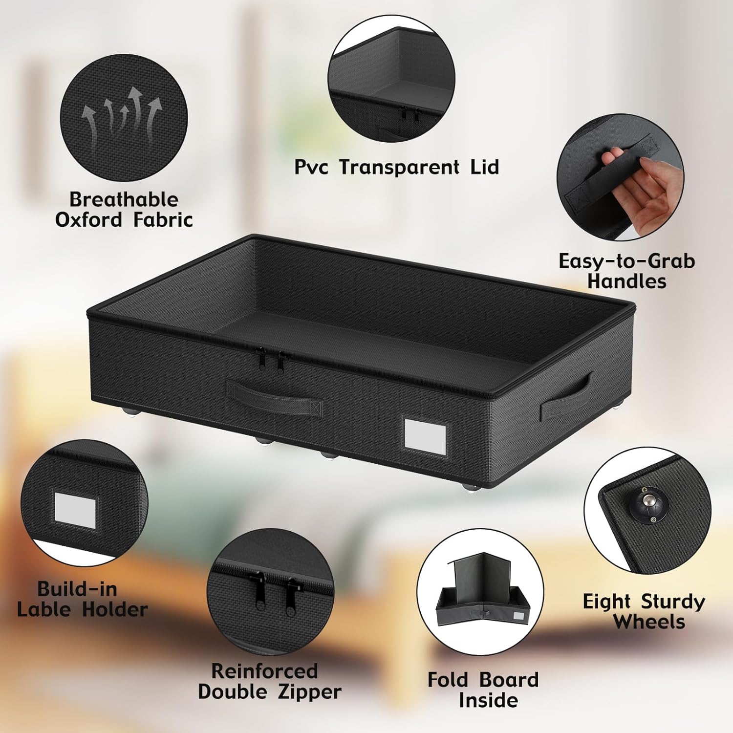 Underbed Storage With Wheels, No Assembly Required - 5.5 Inch Height Black Underbed Bins, Low