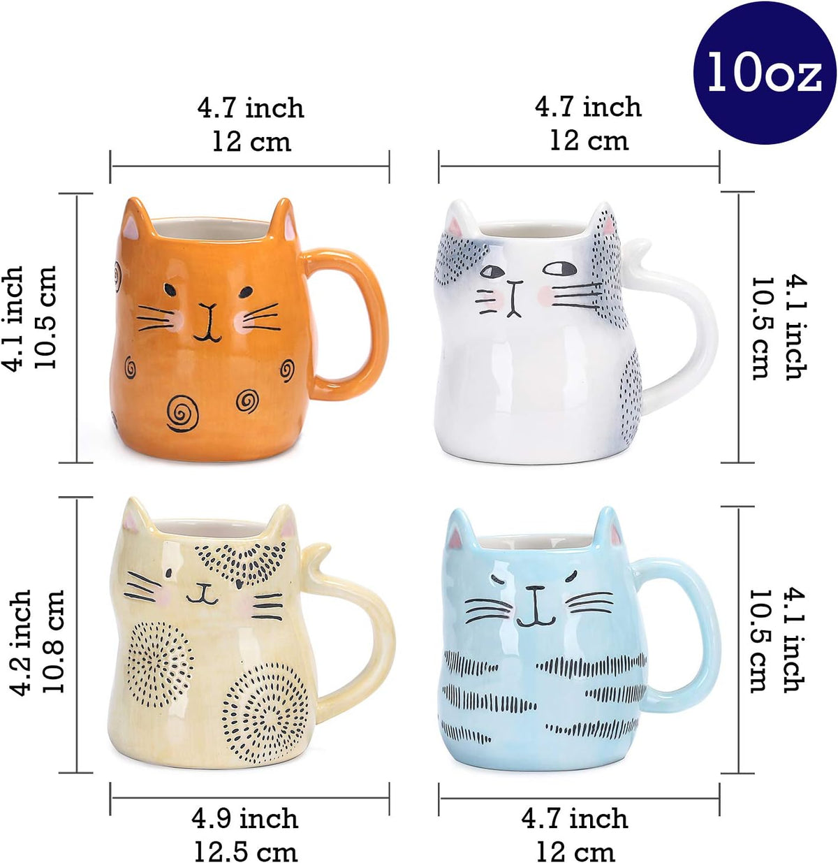 Bico Cartoon Cat Coffee Mugs Set of 4, Cute Ceramic Mugs with Unique Cats Faces, Stoneware Coffee