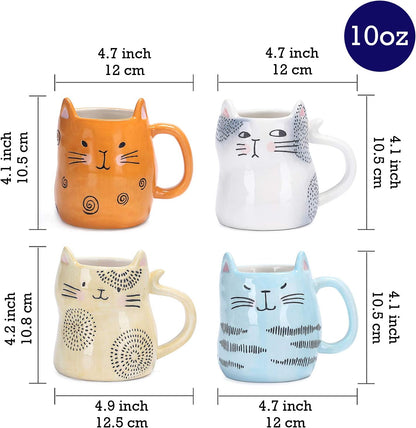 Bico Cartoon Cat Coffee Mugs Set of 4, Cute Ceramic Mugs with Unique Cats Faces, Stoneware Coffee