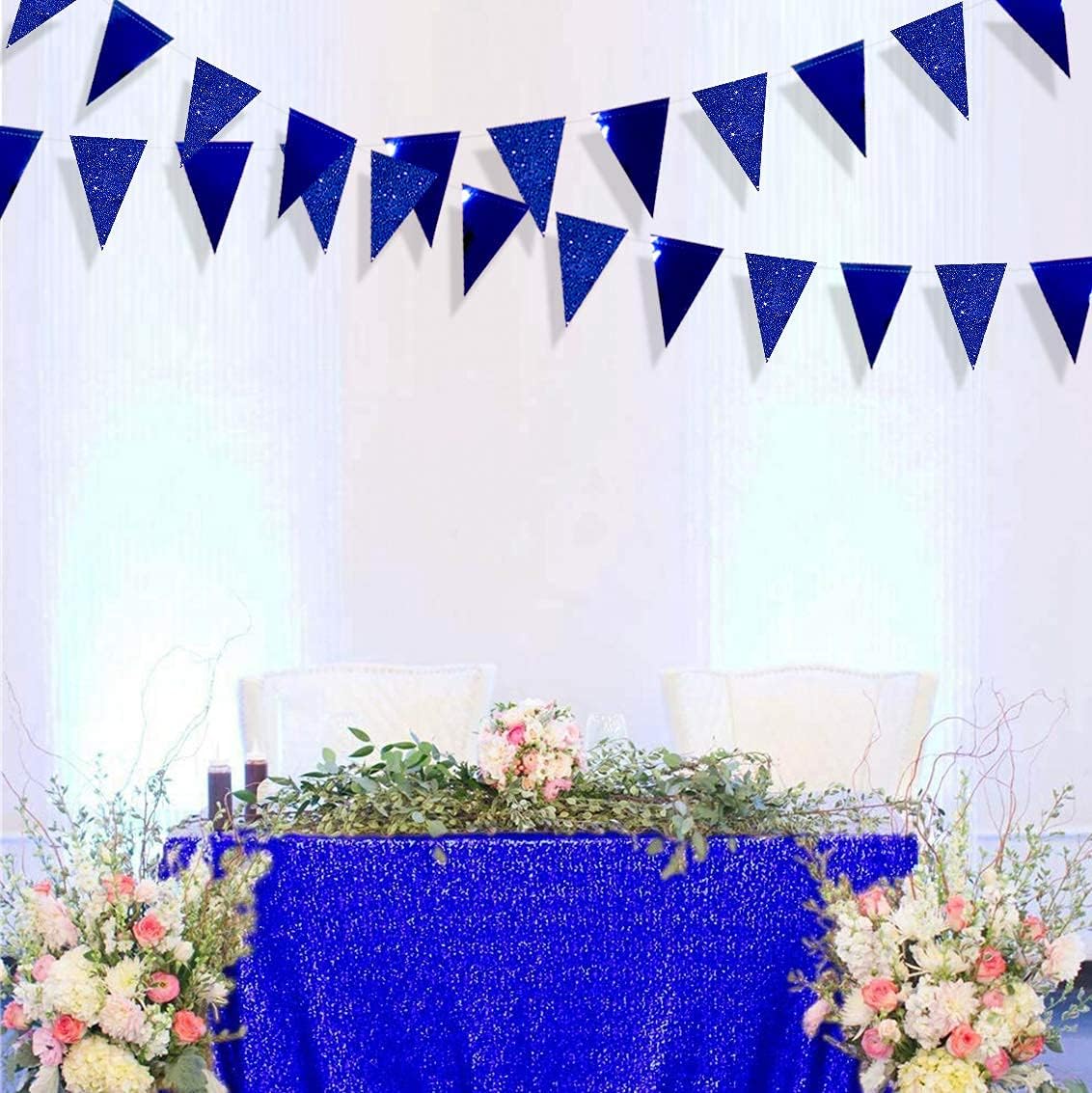 30 Ft Royal Blue Party Decorations Navy Blue Metallic Glitter Paper Triangle Banner Flag Garland