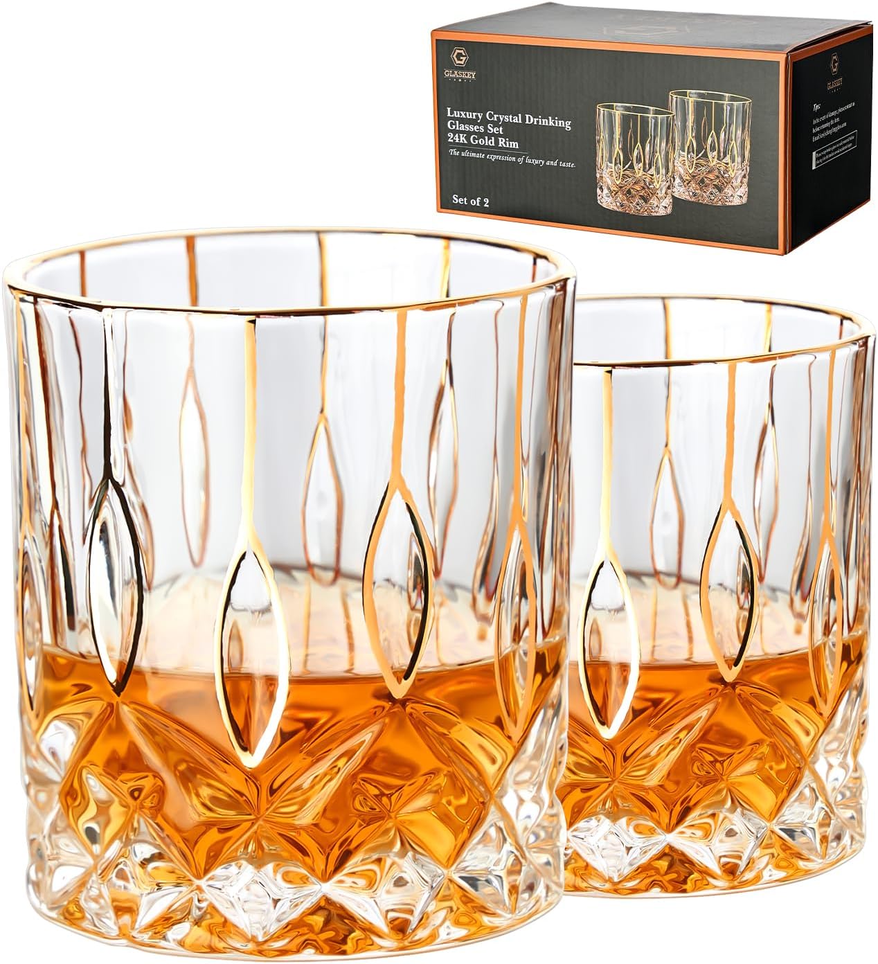 Gold Rim Whiskey Glasses Set of 2,Crystal Old Fashioned Glasses-Luxury Gold Collection,Perfect for