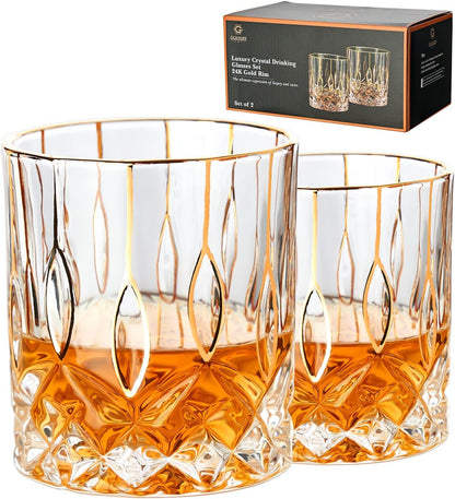 Gold Rim Whiskey Glasses Set of 2,Crystal Old Fashioned Glasses-Luxury Gold Collection,Perfect for