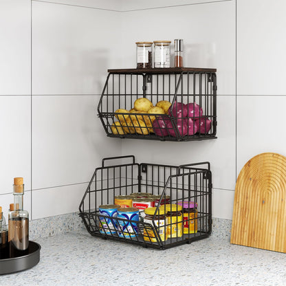 Wetheny 2 Tier Stackable Wall Mounted Wire Basket Fruit Basket with Wood Lid - Kitchen Pantry