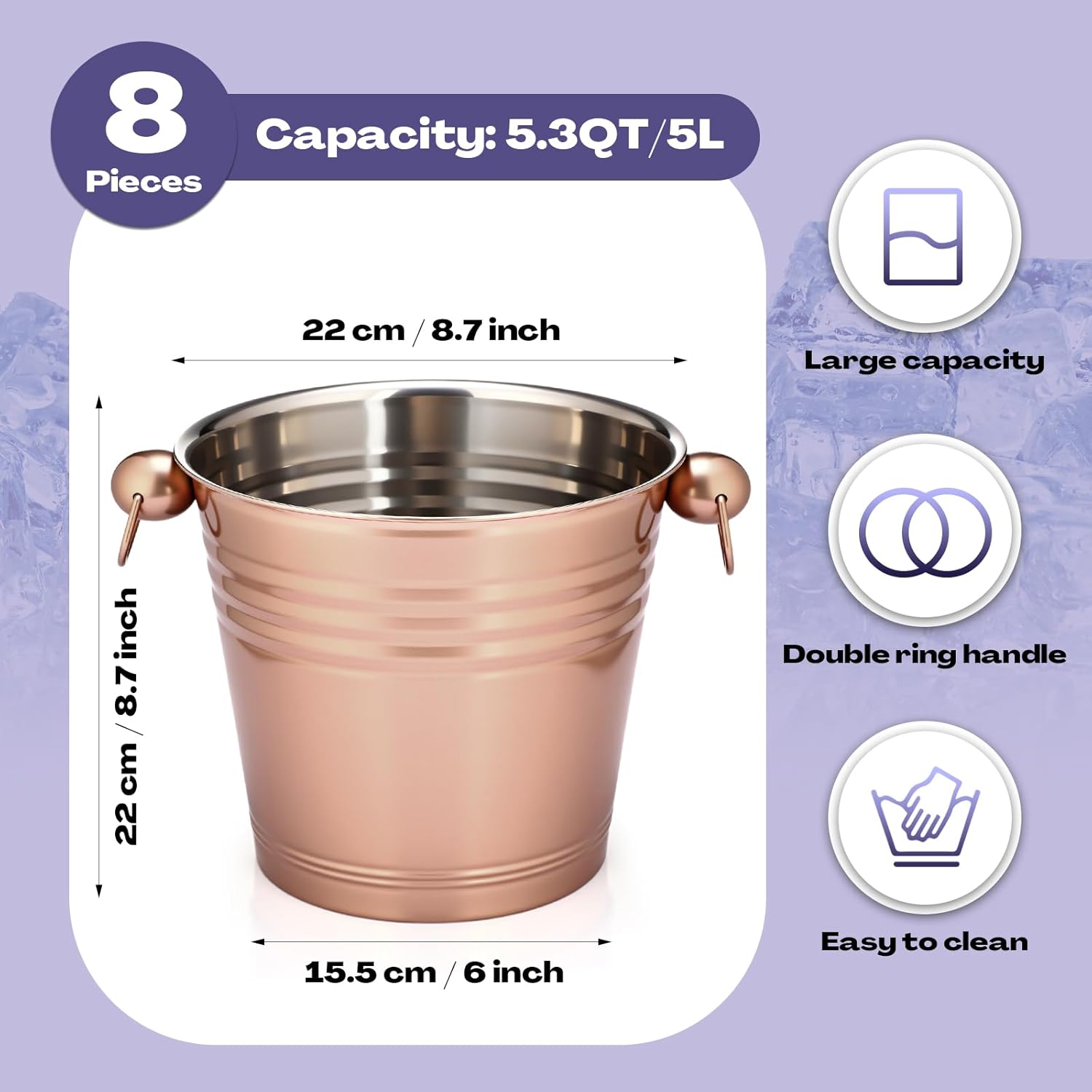 Amyhill 8 Pack Stainless Steel Ice Bucket 5.3 Quart/ 5 Liter with Handle Large Insulated Champagne