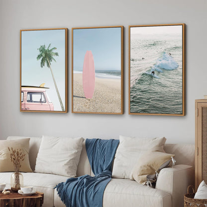 Tinonedraw Large Ocean Beach Framed Canvas Wall Art, Summer Coastal Surfboard Wall Decor, Palm Tree