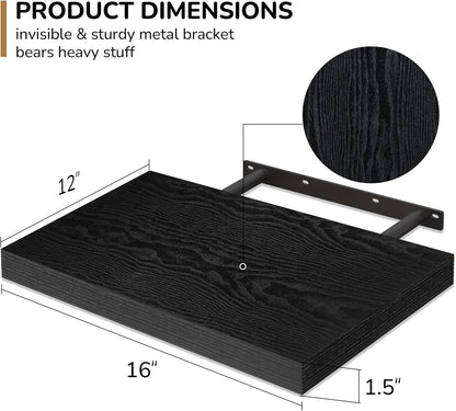 Fun Memories Floating Shelves - 2 Pack 12 Inch Deep Rustic Wooden Wall Shelves - Extra Deeper &