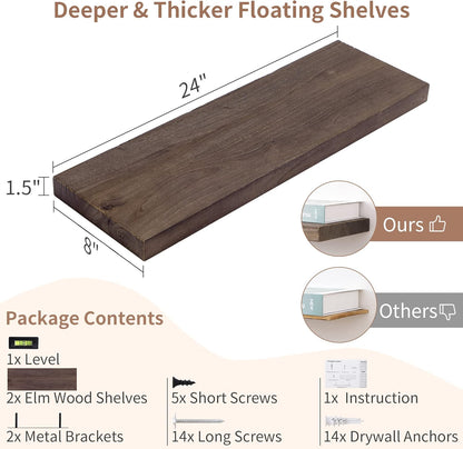 Axeman Floating Shelves for Wall, 24''W x 8'' D Rustic Solid Elm Wood Shelves for Storage, Wall