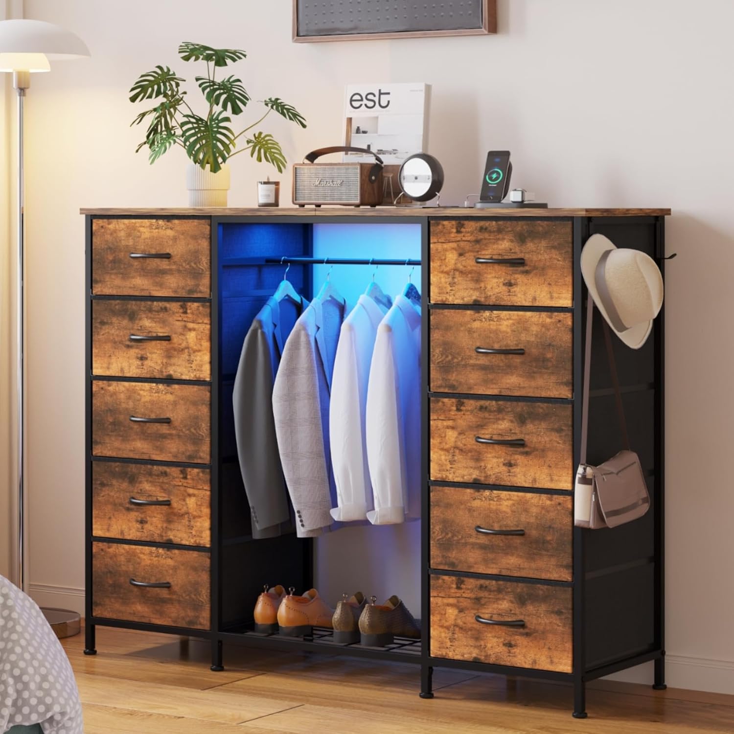 LUMTOK 55W 2-in-1 Dresser with Hanging Rack, 10 Drawers Dresser for Bedroom,Dressers with Fabric