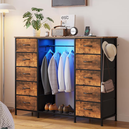 LUMTOK 55W 2-in-1 Dresser with Hanging Rack, 10 Drawers Dresser for Bedroom,Dressers with Fabric