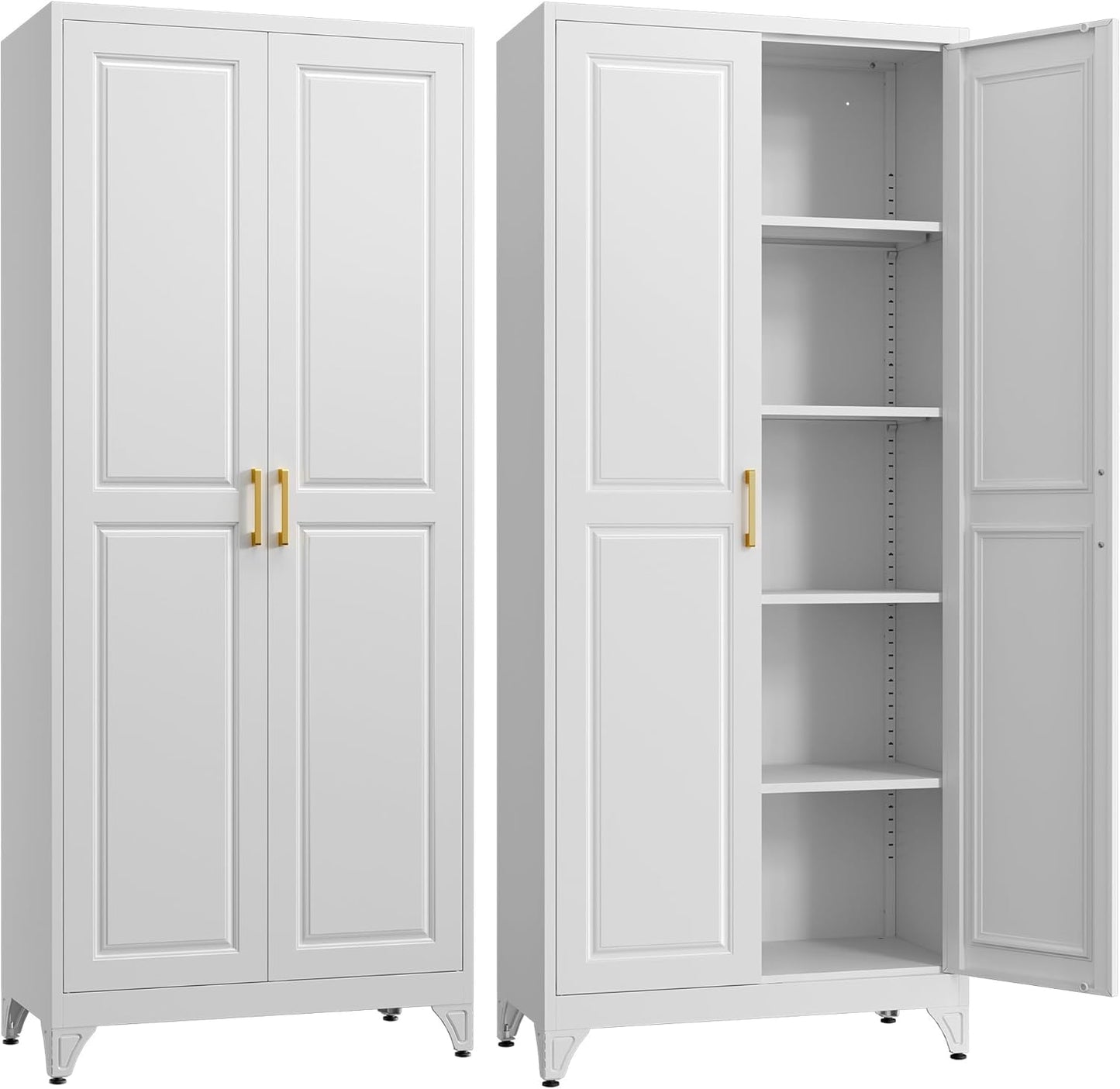 Kitchen Pantry Cabinet,75”White Metal Storage Cabinets with Doors and 4 Adjustable Shelves,Kitchen