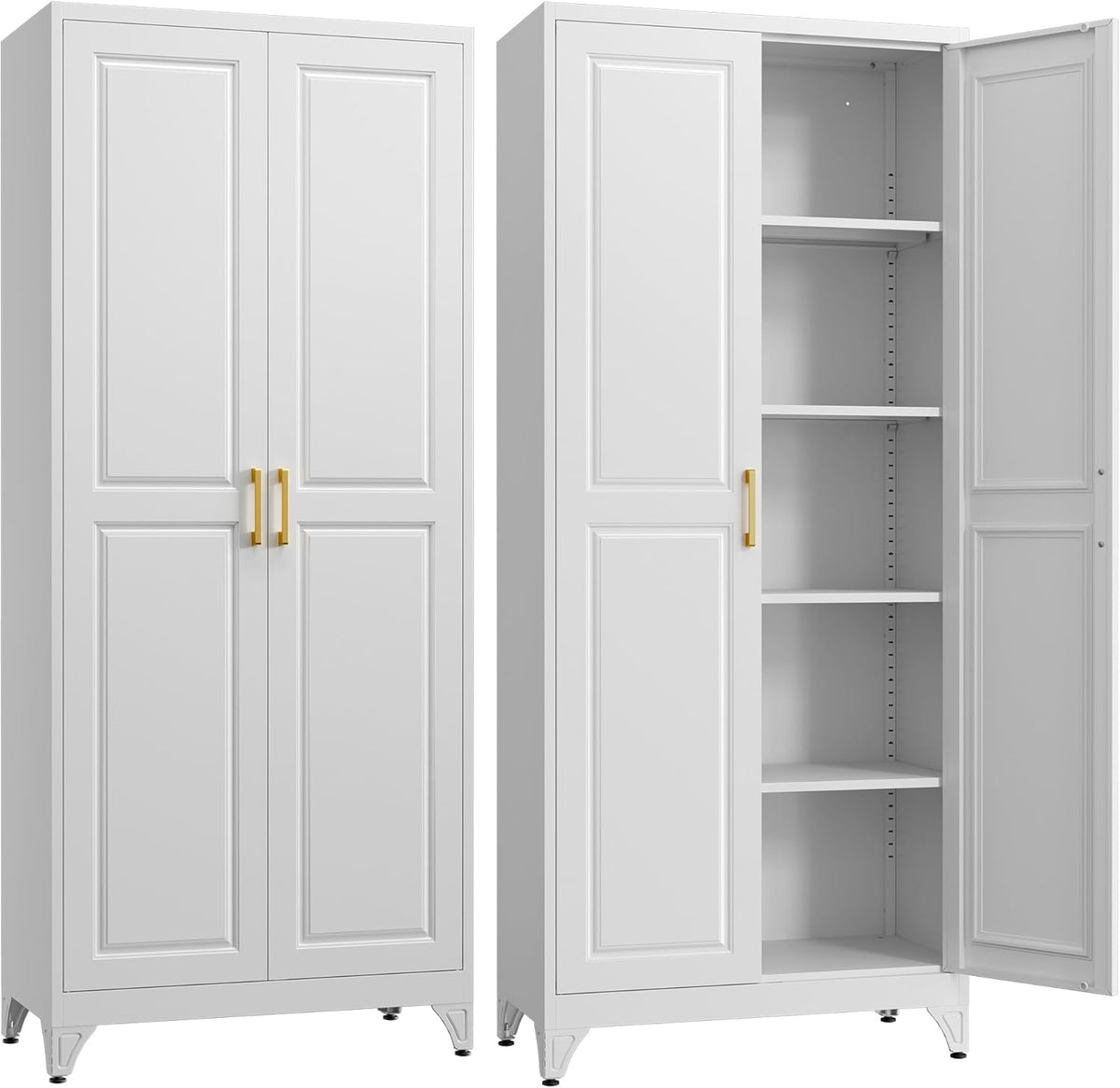 Kitchen Pantry Cabinet,75”White Metal Storage Cabinets with Doors and 4 Adjustable Shelves,Kitchen