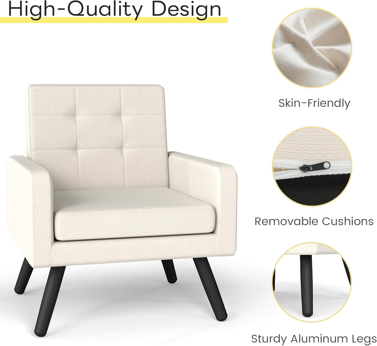 Kromax Mid-Century Modern Accent Chair for Living Room, 496 Lb. Weight Capacity, Dual Armrests
