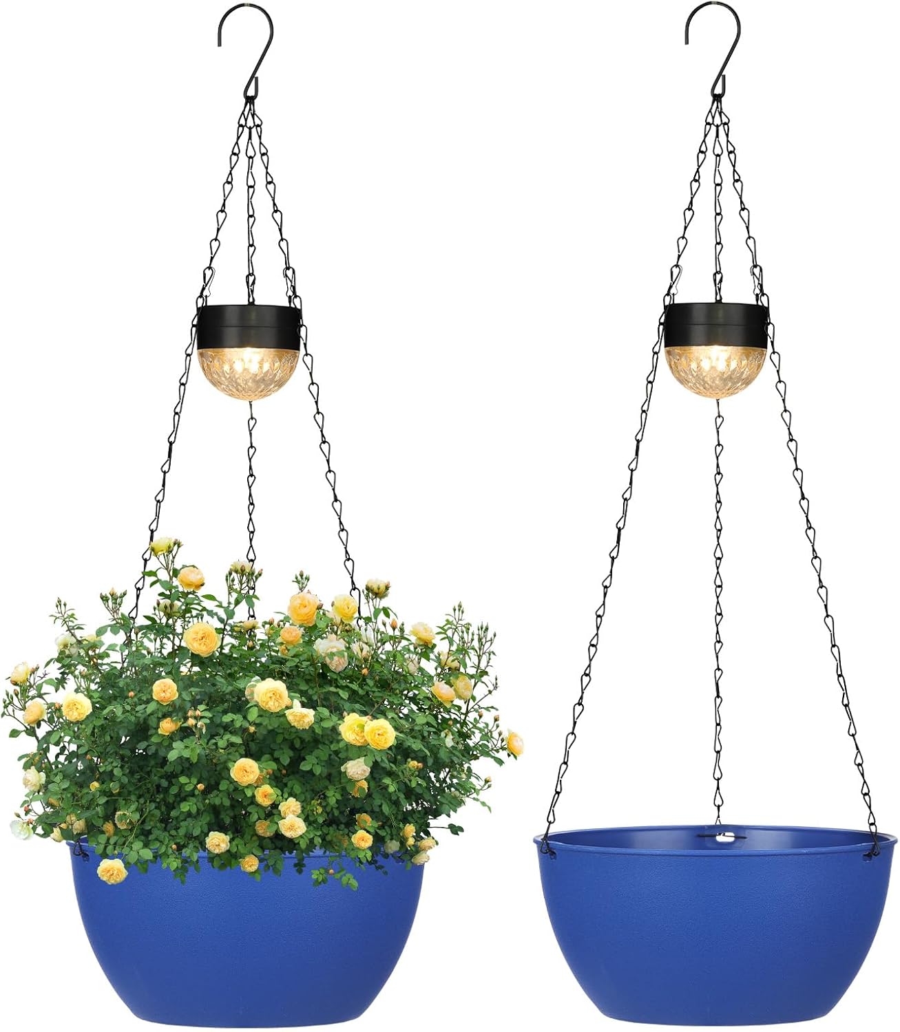 2 Packs Hanging Planters Basket for Outdoor Plants, Solar Powered Self Watering Blue Round Plastic