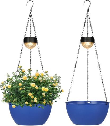 2 Packs Hanging Planters Basket for Outdoor Plants, Solar Powered Self Watering Blue Round Plastic