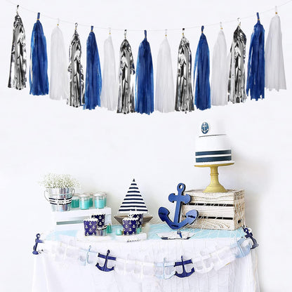 Navy-Blue White-Silver Tassel Garland Streamers - 15pcs Party Decorations Tissue Paper Tassels
