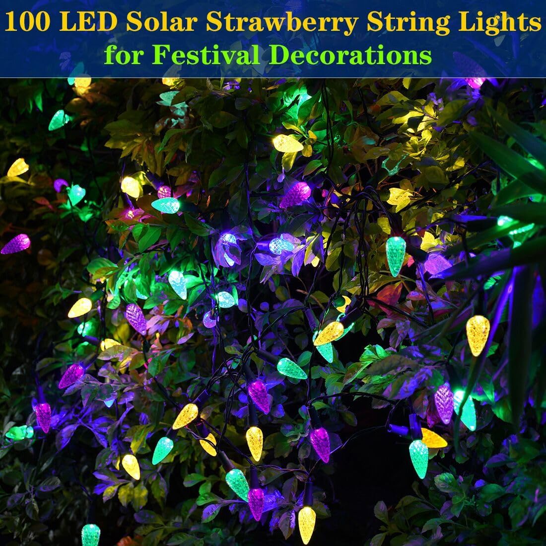 Solar Halloween Lights Christmas Lights C6 Strawberry String Lights Mardi Gras String Lights, 100