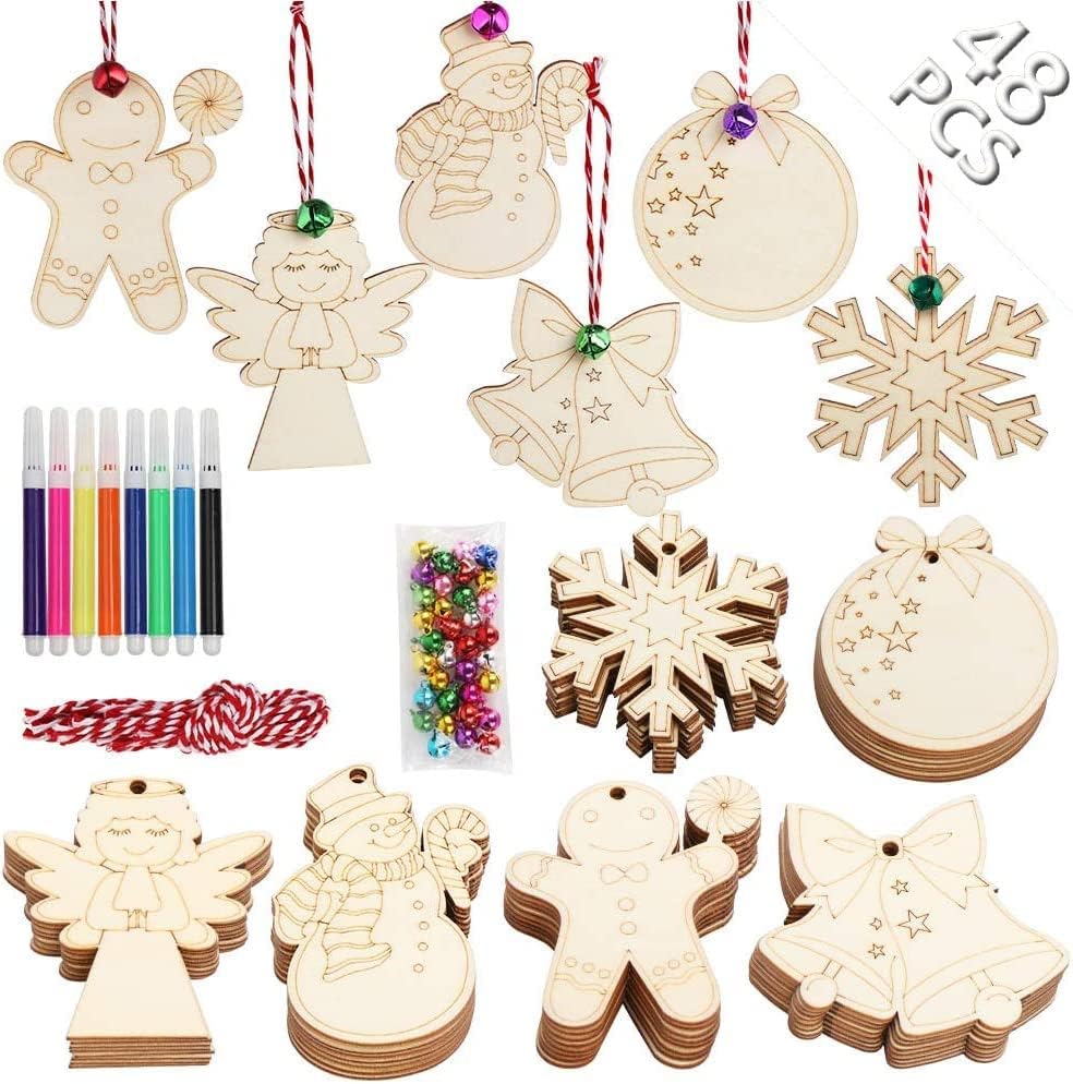 48PCS Christmas Crafts for Kids, Wooden Christmas Ornaments Unfinished Wood Slices with 6 Styles