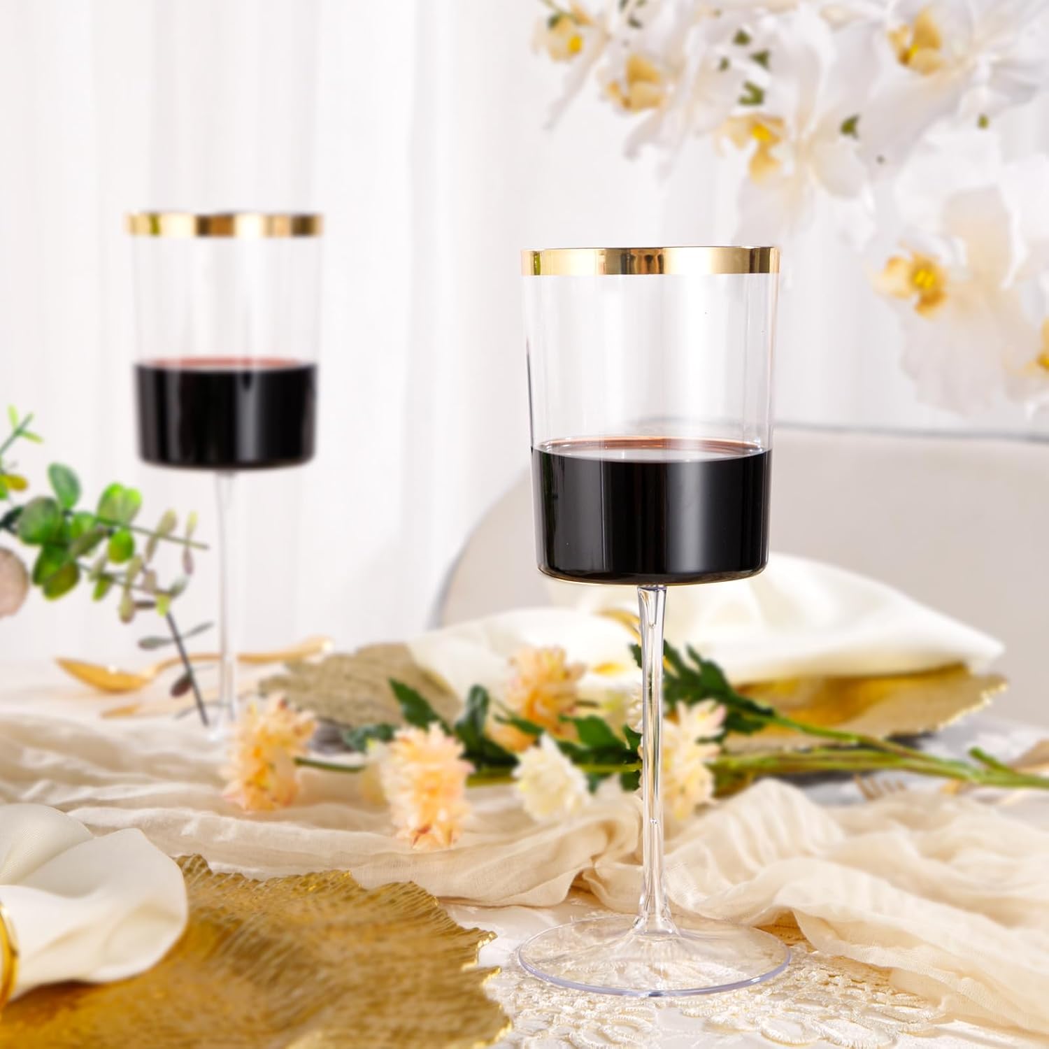 Ciaell 12 Pack Plastic Wine Glasses - 14 Oz Plastic Wine Glasses with Stem - Square Gold Disposable