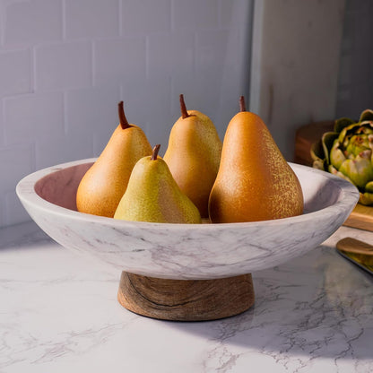Cork & Mill Marble Decorative Bowl for Home Decor - Handcrafted Natural Stone with Acacia Wood