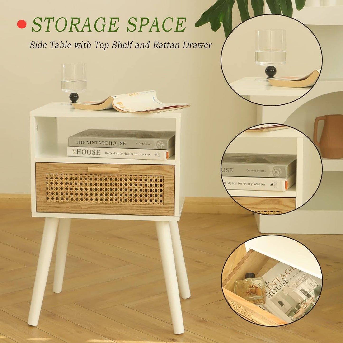 MaxSmeo White Nightstand with Drawer, Mid Century Modern Nightstand, Rattan Side Table, End Table