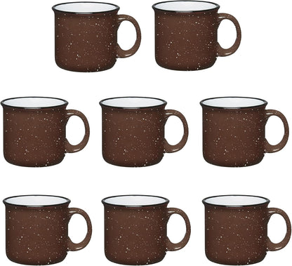 Set of 8 Ceramic Campfire Mugs – 15 Oz, Brown – Coffee & Tea Cups for Home, Work, Travel, Camping