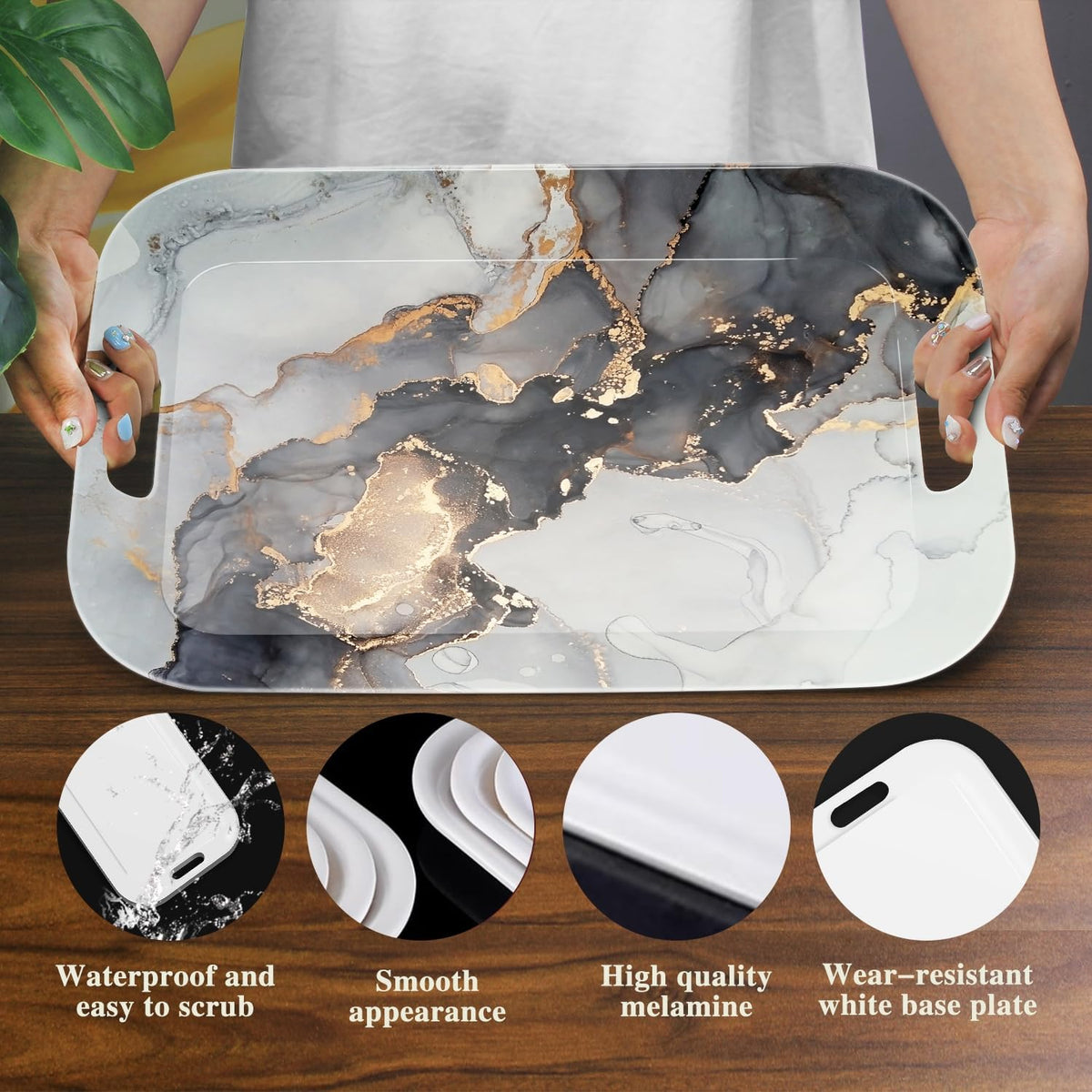 Serving Trays with Handles, 14.5 x 9.8 inch Rectangular Plastic Tray for Restaurant, Kitchen, Gray