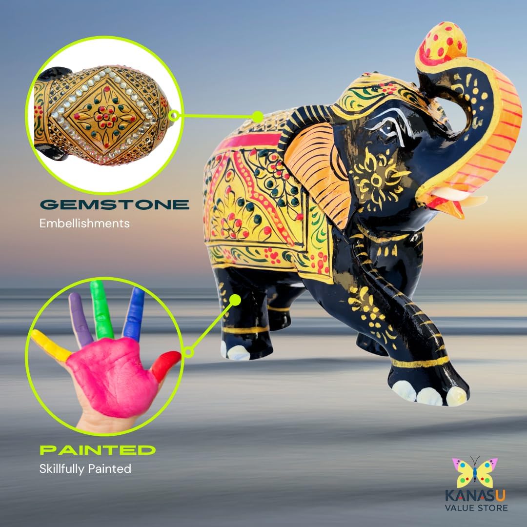Handcrafted Wooden Elephant Figurine – Traditional Artwork, Gold & Gemstone Embellishments – Lucky