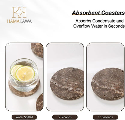 Marble Coasters Set of 4, Natural Gray Stone 4 Inch/10 cm, Modern Round Travertine Drink Coasters