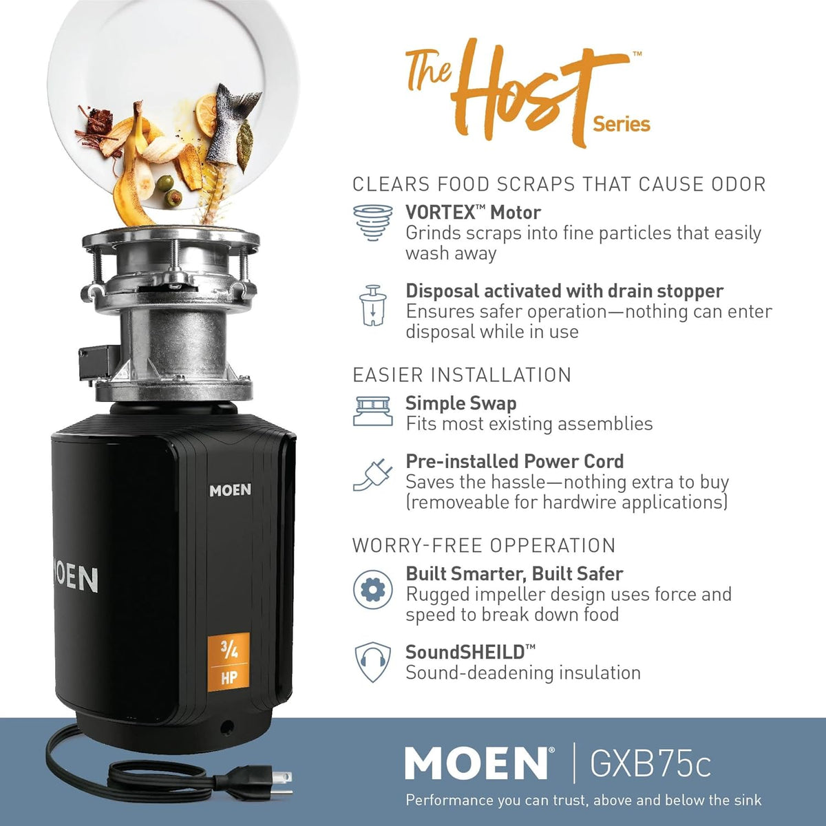 Moen Host Series Garbage Disposal for Kitchen Sink with Power Cord, Control Activation, Sound