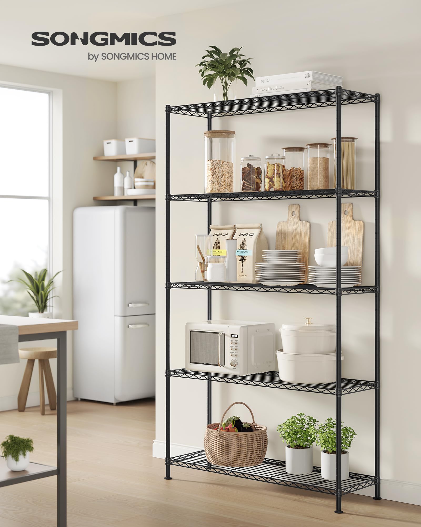SONGMICS Storage Shelf, Metal Wire Shelving Unit, 5 Tier, Ink Black