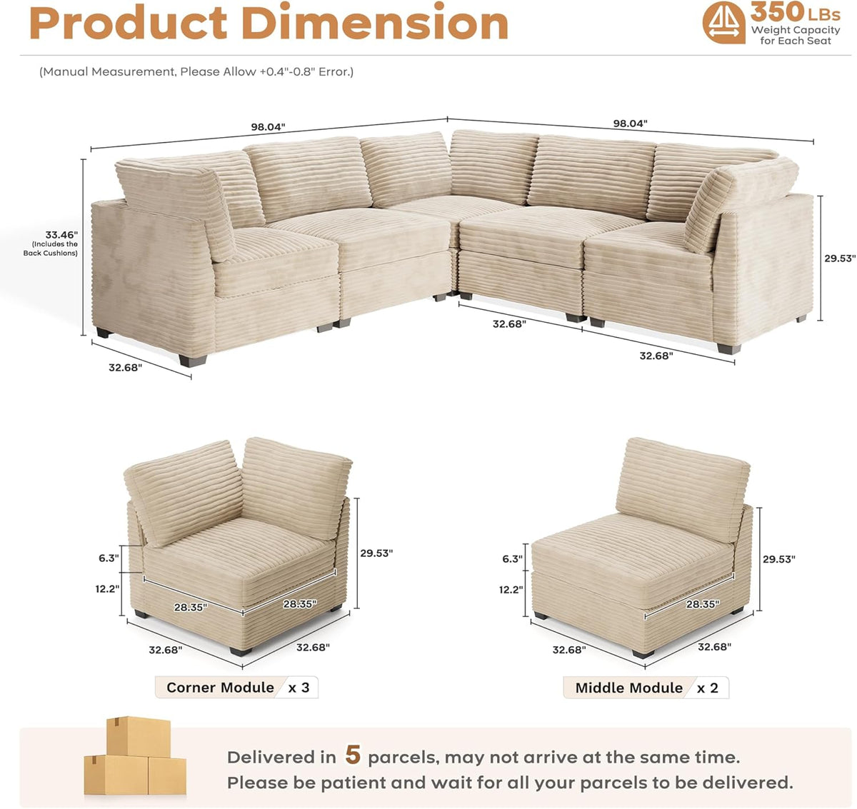 ovios Sectional Sofa Couch with L-Shape Chaise Convertible, Comfy Modular Cloud Couches with Deep