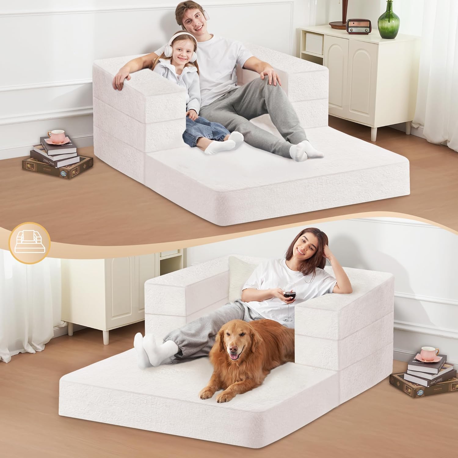 Folding Bean Bag Chair for Adults,3-in-1 Bean Bag Couch Faux Fur Floor Sofa Large Beanbag
