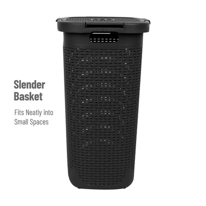 Mind Reader Slim Laundry Hamper with Lid, 60L Tall Clothes Basket, Narrow Tapered Design for