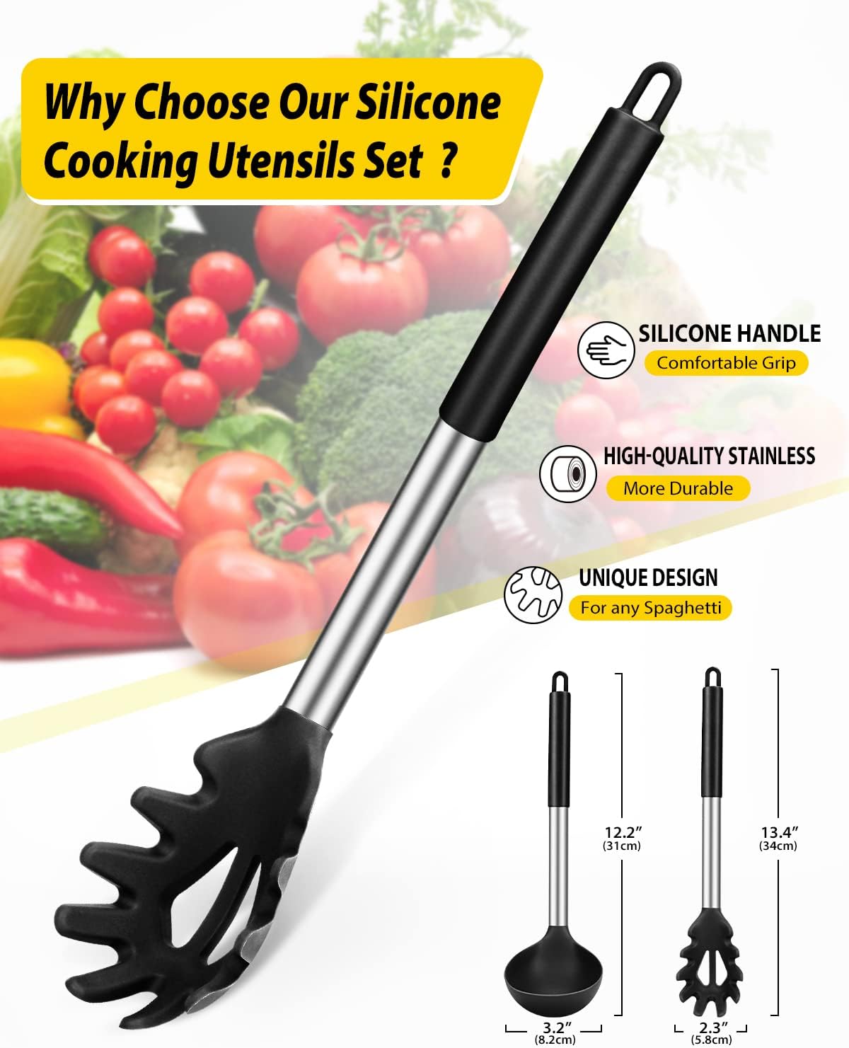Silicone Pasta Fork and Ladle Spoon Set, Large Non Stick Kitchen Utensils for