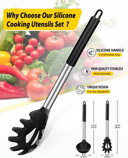 Silicone Pasta Fork and Ladle Spoon Set, Large Non Stick Kitchen Utensils for
