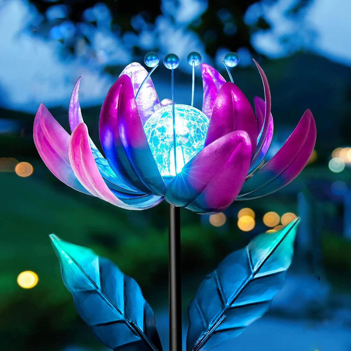 Solar Purple Metal Flower Wind Spinners, Colorful Spinning Windmill Lotus Yard Art Lights Wind