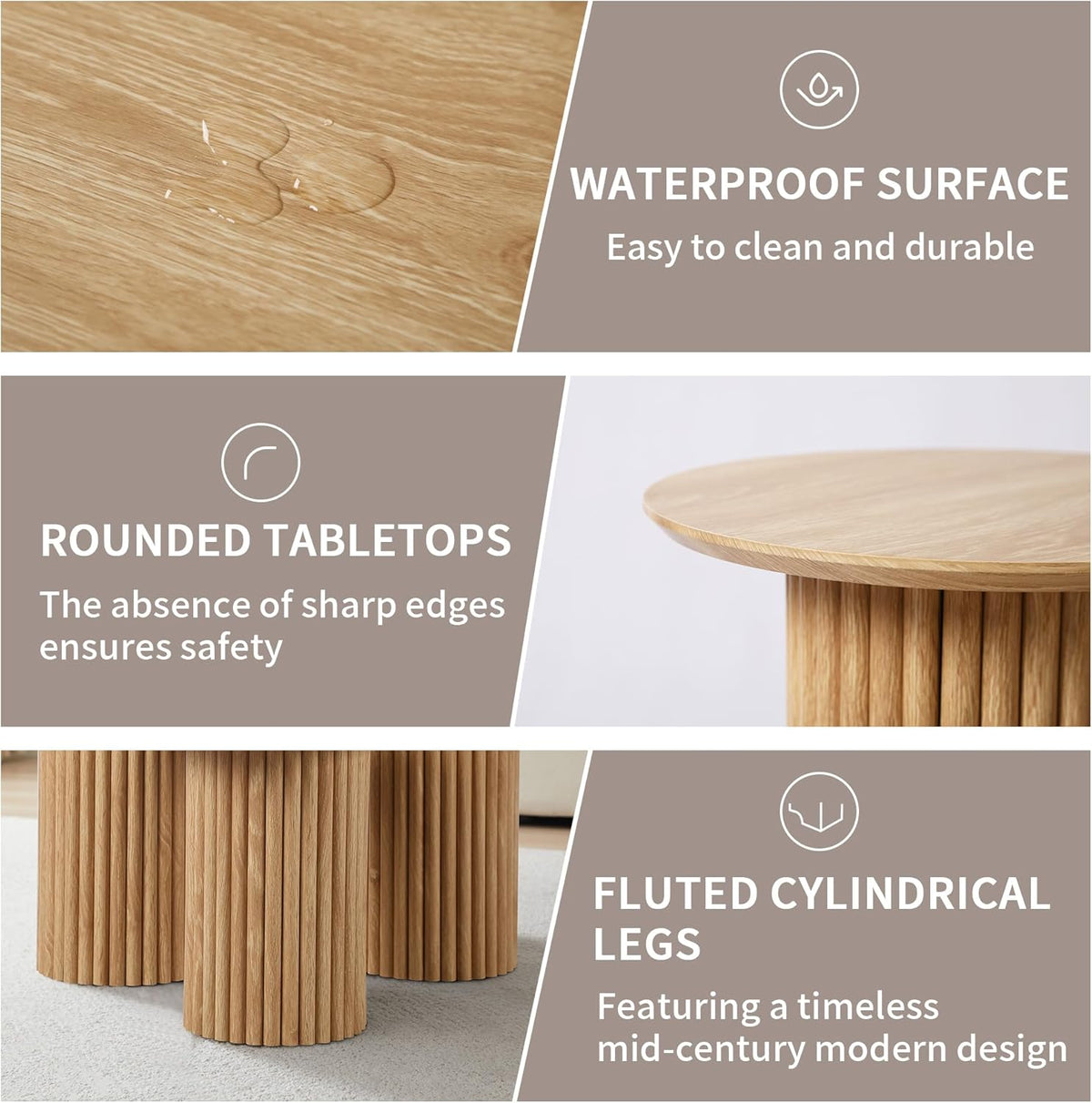 Round Nesting Coffee Table Set of 3,Mid Century Modern Fluted Coffee and End Table Set,Small Circle