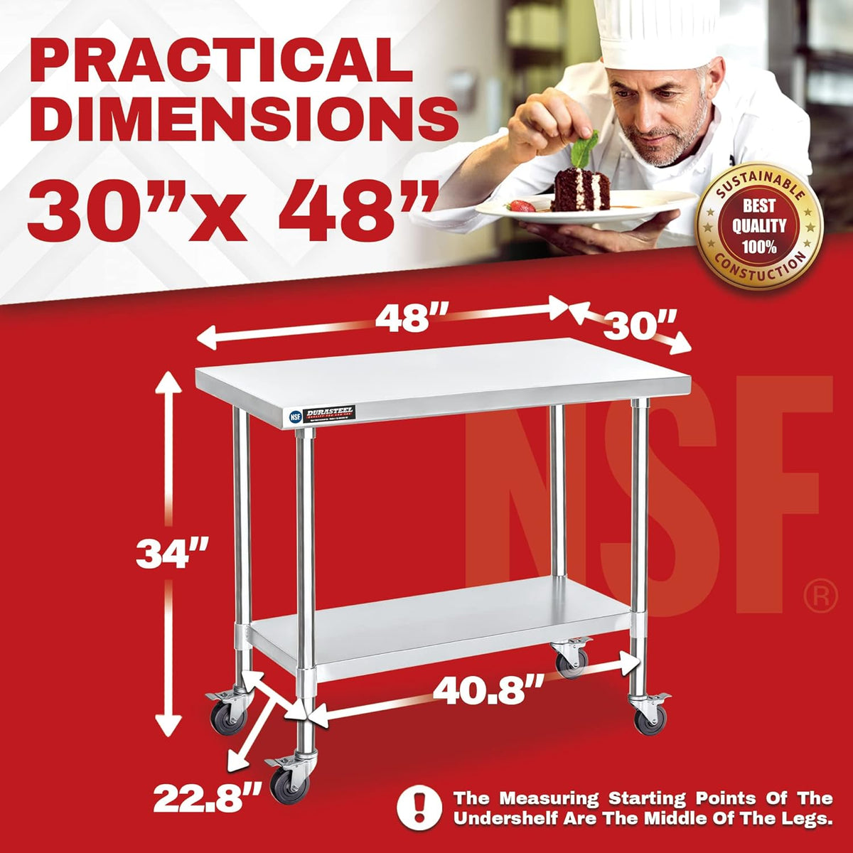 DuraSteel 30x48 NSF Stainless Steel Cart - Heavy Duty Food Prep Table with Undershelf - Rolling