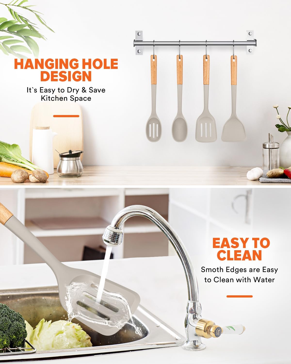 Silicone Cooking Utensils Set, Perfectly Angled for Frying, Mixing,Serving,Draining,Turning and