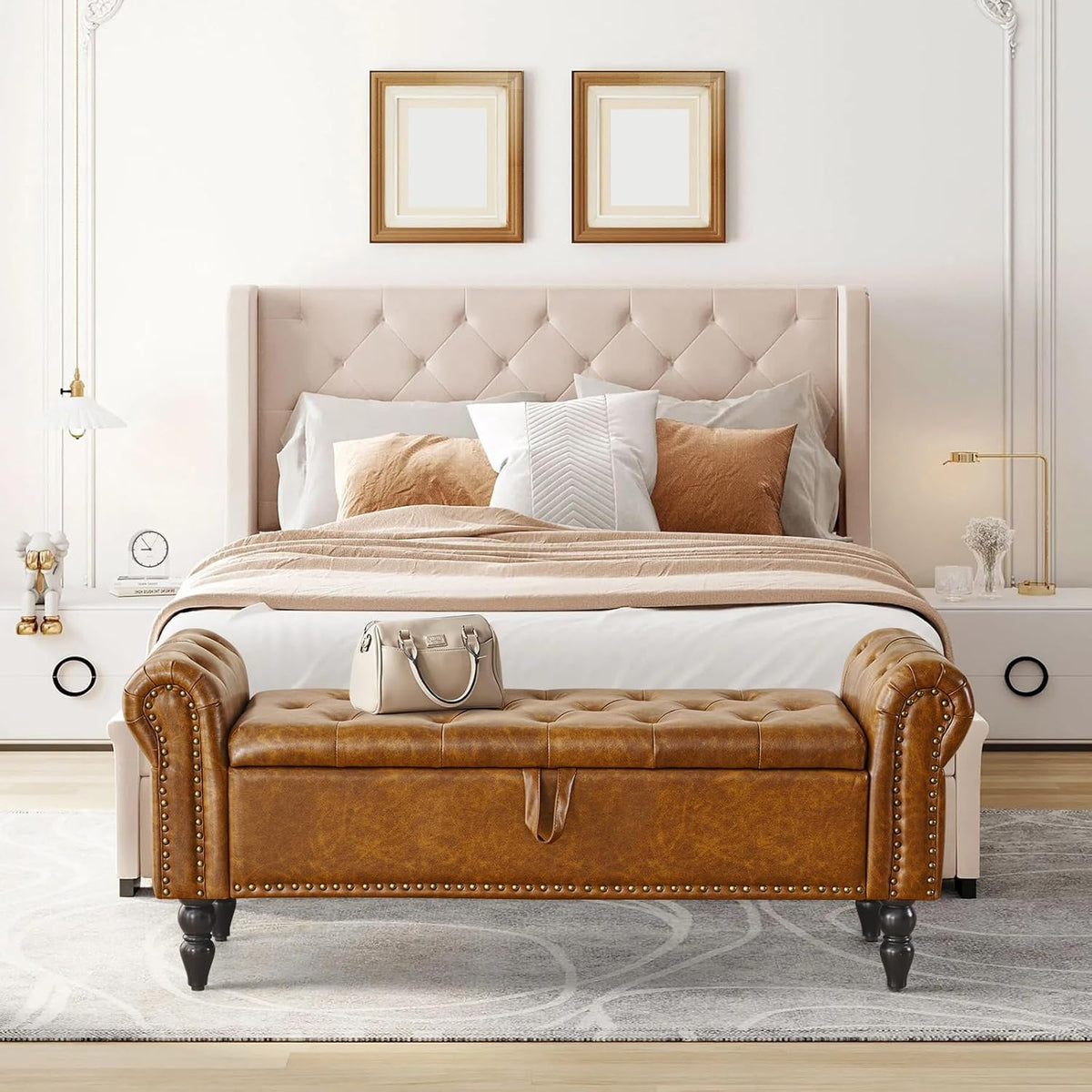 Furniliving Storage Ottoman Bench, Leather Benches End of Bed Bench with Solid Wood Legs