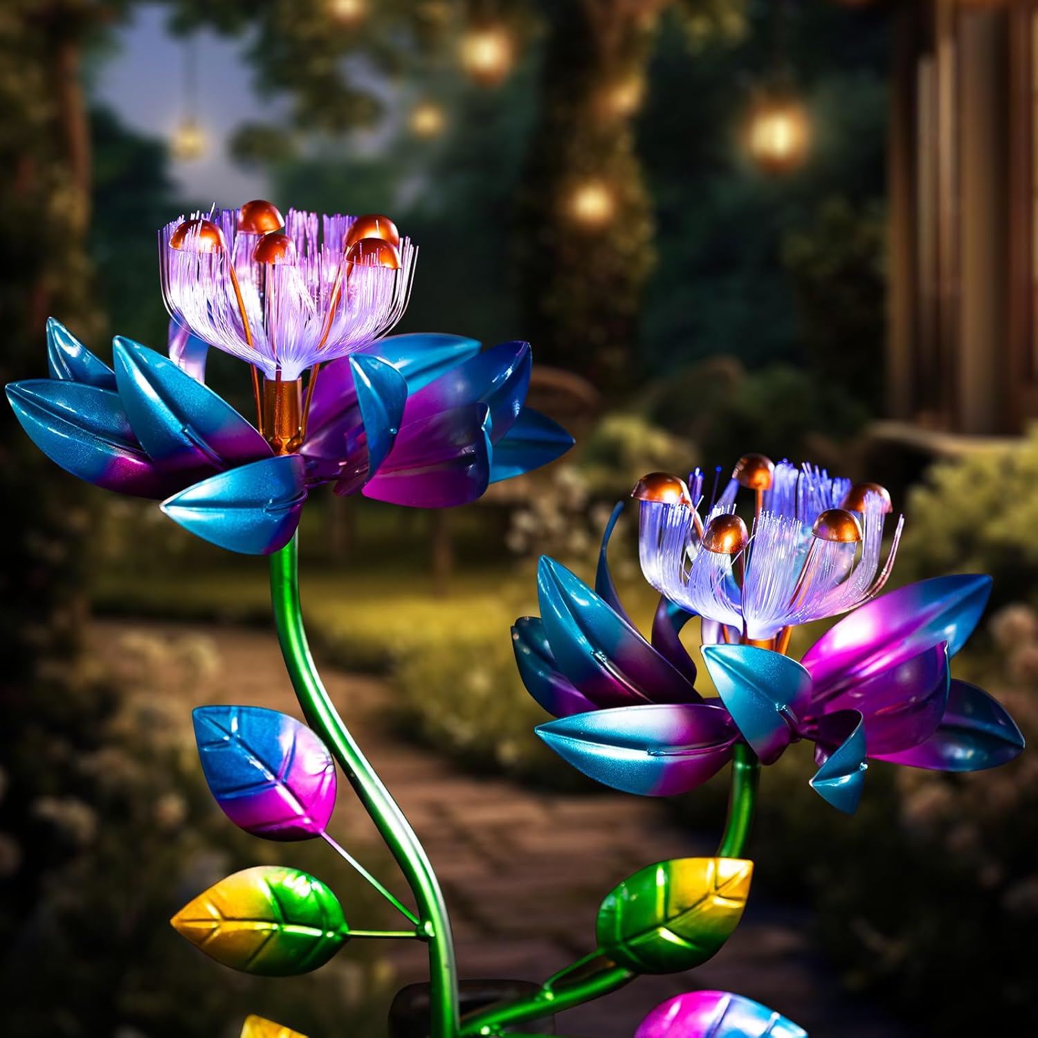 Solar Wind Spinners Blue Twin Flowers for Yard and Garden, Solar Windmill Garden Whirligig Kinetic