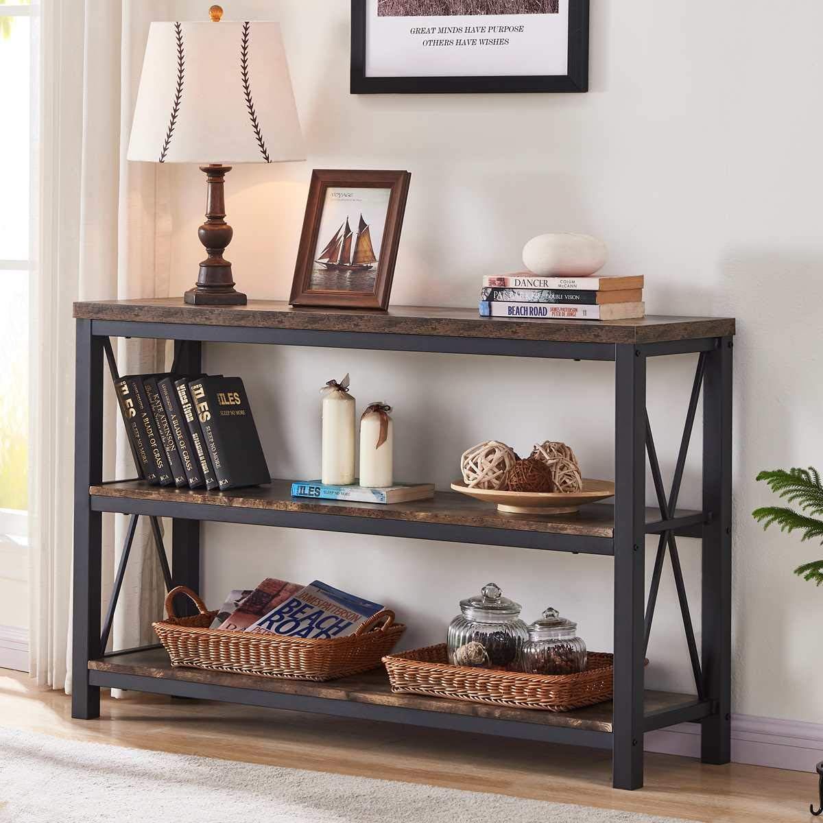 BON AUGURE Industrial Sofa Console Table for Entryway, 3 Tier Foyer Table for Hallway, Rustic Hall