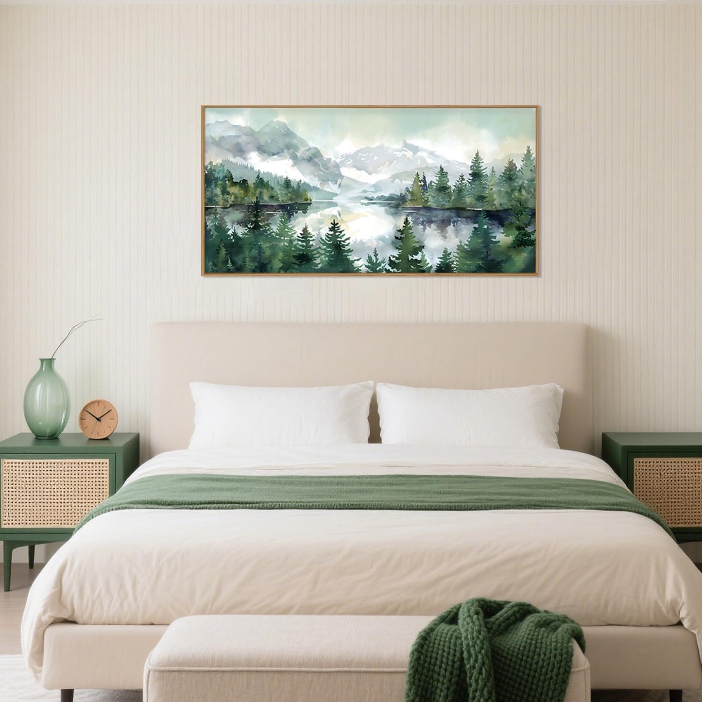 Celestdeco Watercolor Mountain Framed Canvas Wall Art Set, Boho Forest Wall Decor, Nature Green