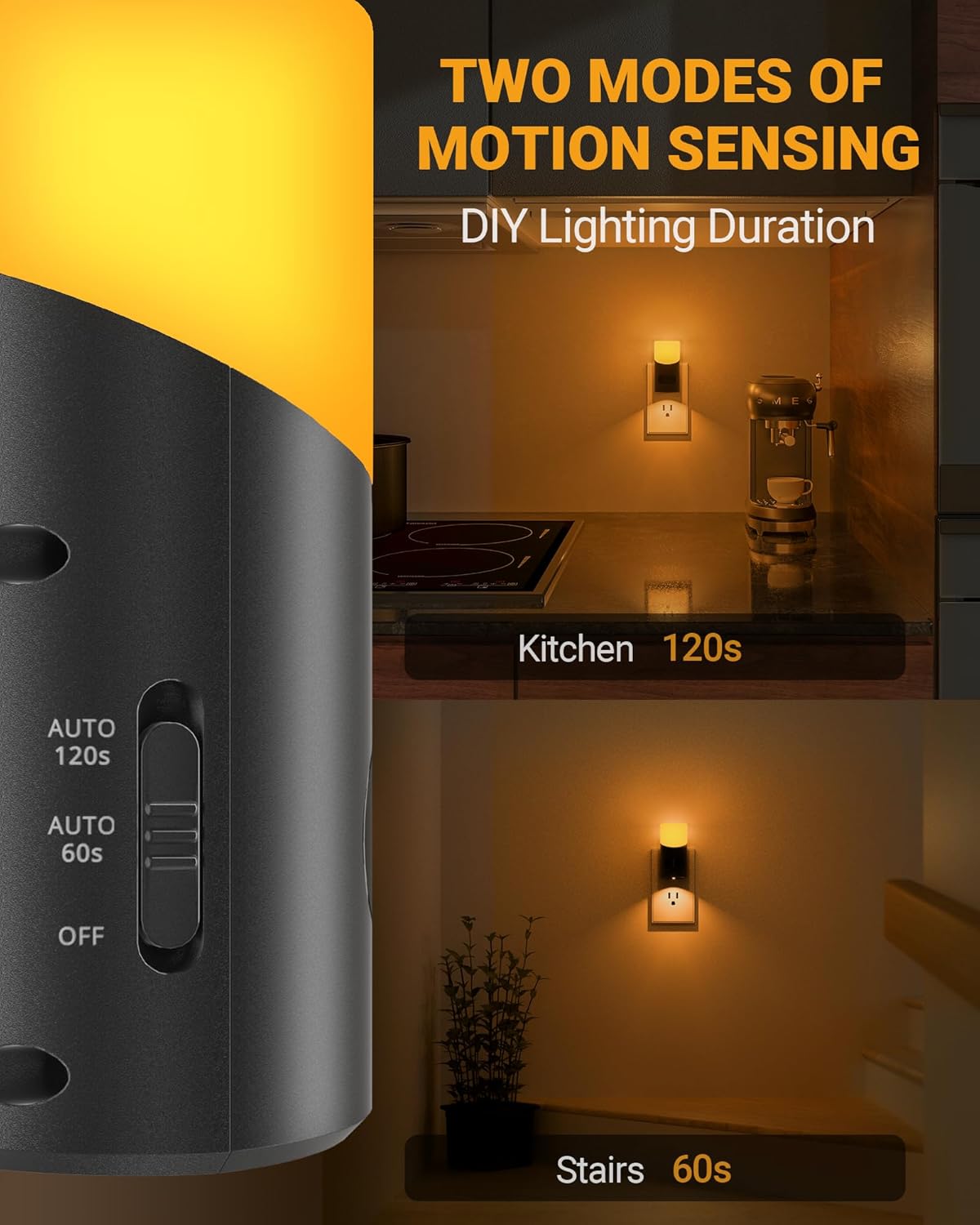 Lyridz Amber Night Light with Motion Sensor, 1-150LM Dimmable Plug-in Nightlight Indoor for