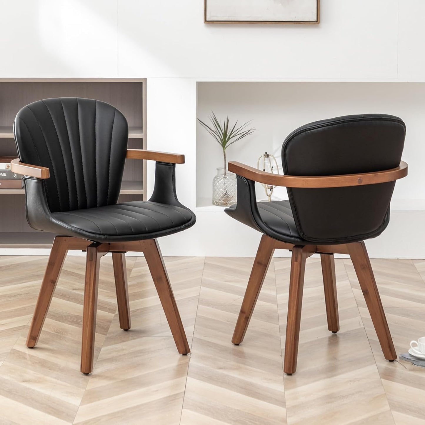 LUNLING Swivel Dining Chairs Set of 4, Mid Century Modern Black Faux Leather Kitchen Chairs with
