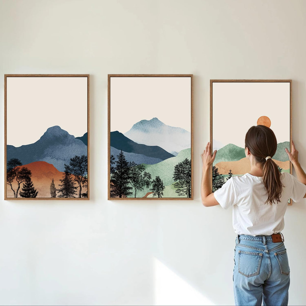 SIGNINART Boho Mountain Framed Canvas Wall Art Set of 3, Watercolor Nature Landscape Set Art