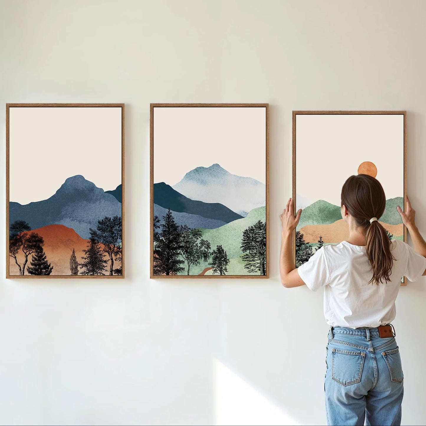 SIGNINART Boho Mountains Framed Canvas Wall Art Set of 3, Watercolor Nature Landscape Art Prints